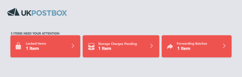 UK Postbox dashboard alerts — locked items, storage charges and forwarding batches requiring attention