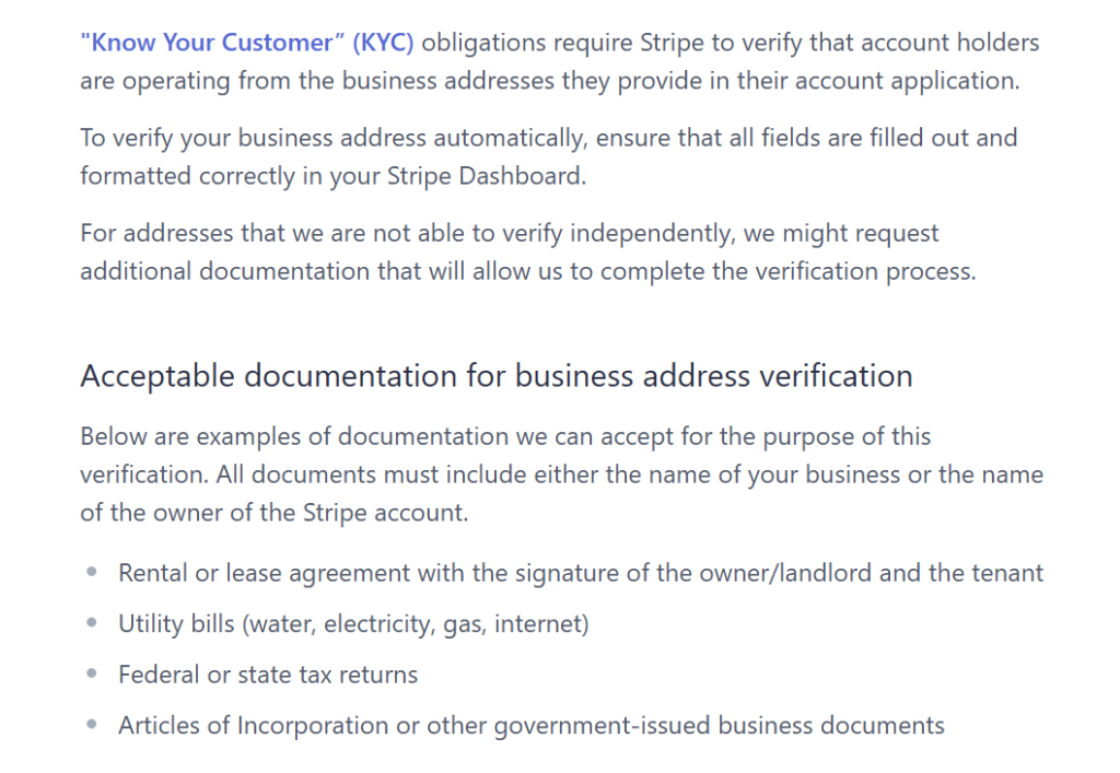 Stripe KYC business address verification requirements — acceptable documentation for non-resident founders