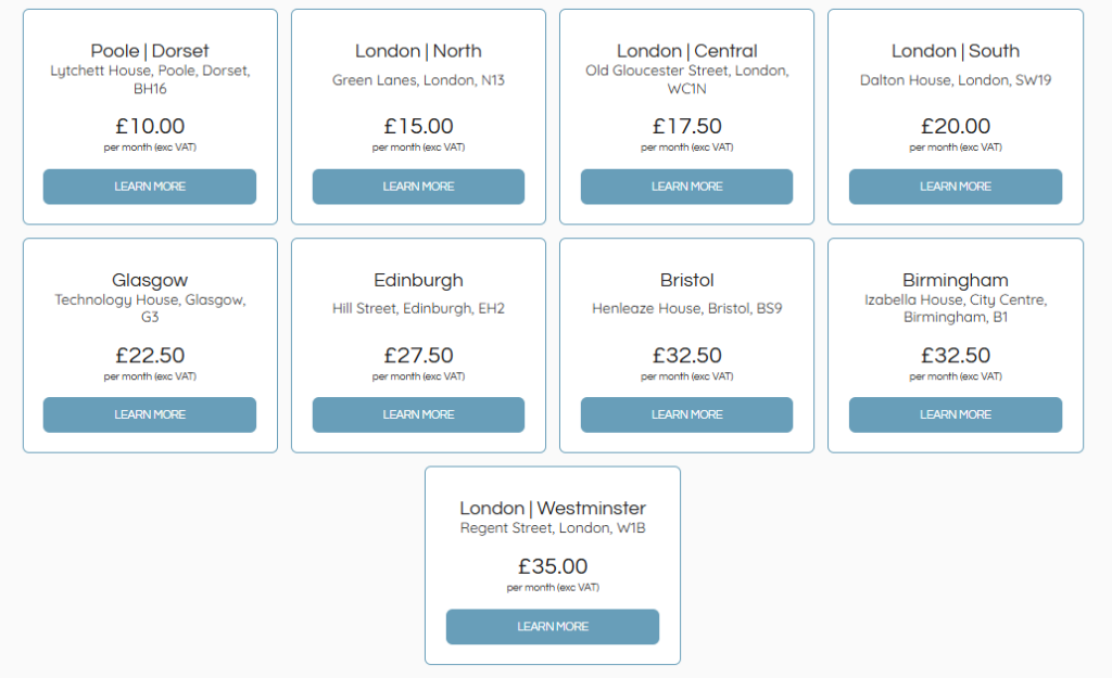 UK Postbox address locations and pricing 2026 — from £10 per month in Poole to £35 per month in London Westminster