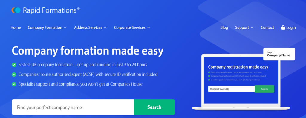 Rapid Formations homepage 2026 — same-day UK company incorporation service