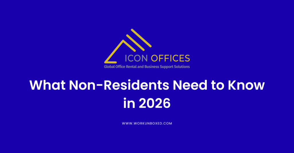 Promotional banner for Icon Offices featuring blue background with yellow logo, text "What Non-Residents Need to Know in 2026", and www.workunboxed.com footer.
