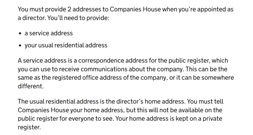GOV.UK guidance confirming directors must provide a service address and residential address to Companies House when appointed