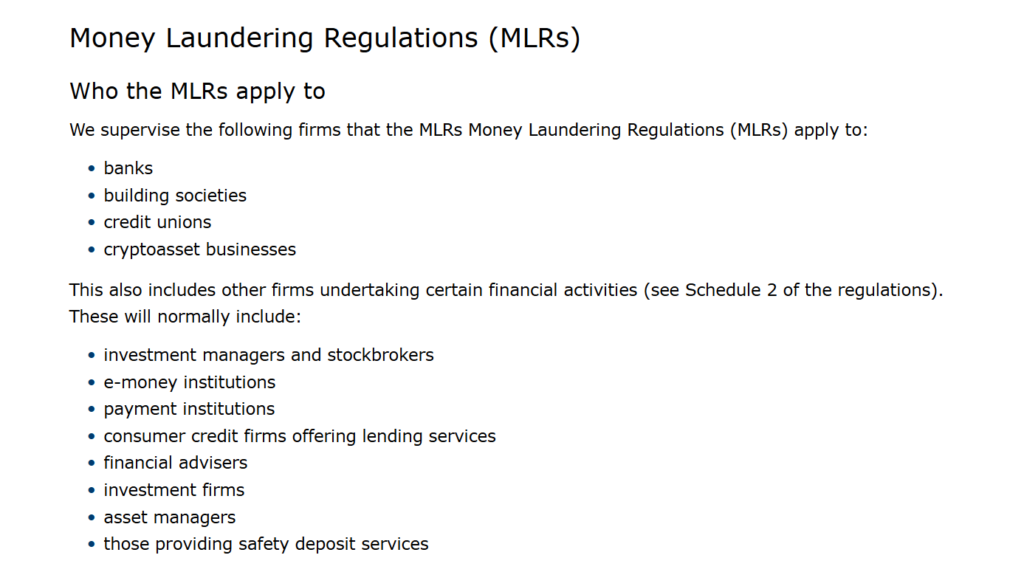 Screenshot from FCA website listing entities subject to MLRs, such as banks, building societies, e-money institutions, payment institutions, consumer credit firms, financial advisers, investment firms, asset managers, and safety deposit providers.