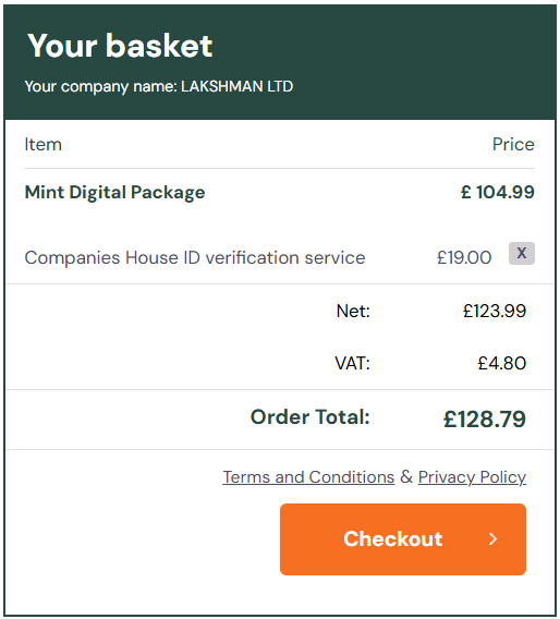Screenshot of an online checkout basket for LAKSHMAN LTD showing a Mint Digital Package at £104.99, with a Companies House ID verification fee of £19.00 added as a separate line item, bringing the order total to £128.79 including £4.80 VAT.