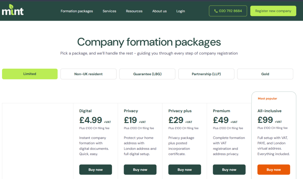 Screenshot of Mint Formations' company formation packages pricing page, showing five tiers for Limited companies — Digital at £4.99, Privacy at £19, Privacy Plus at £29, Premium at £49, and All-inclusive at £99, all plus VAT and a £100 Companies House filing fee. No mention of an ID verification fee on any package.